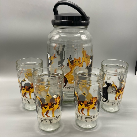 Anchor Hocking Other - 5 Pc Anchor Hocking Cats Butterflies Glasses Jug Dispenser Set Vintage EVC